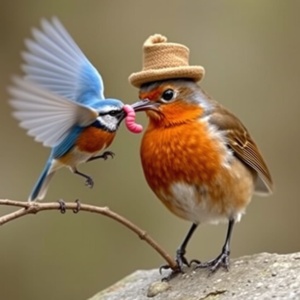 Proud Robin Steals Worm: A Whimsical Bird Scene