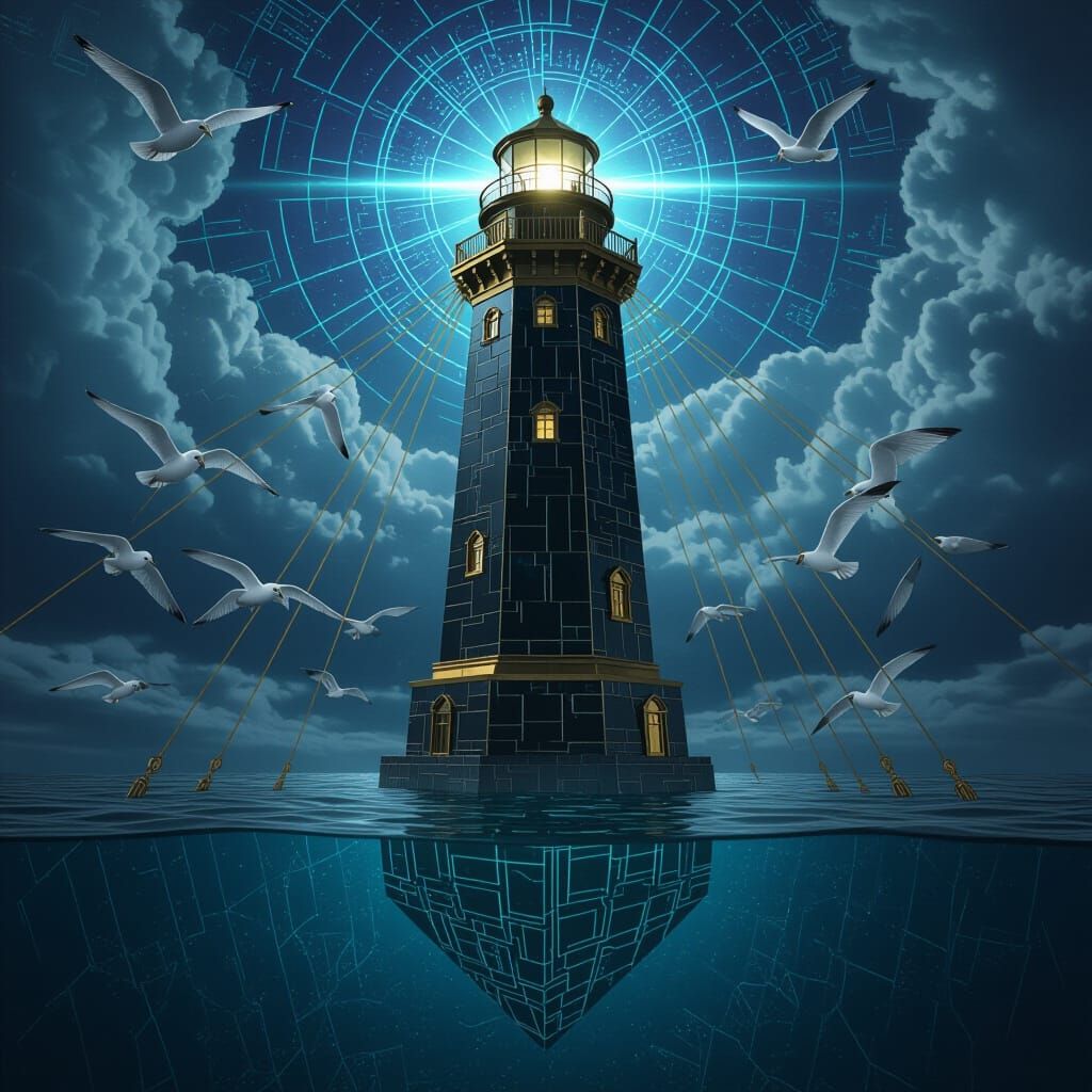 Monolithic Obsidian Lighthouse Absorbing Light in Surreal Sk...