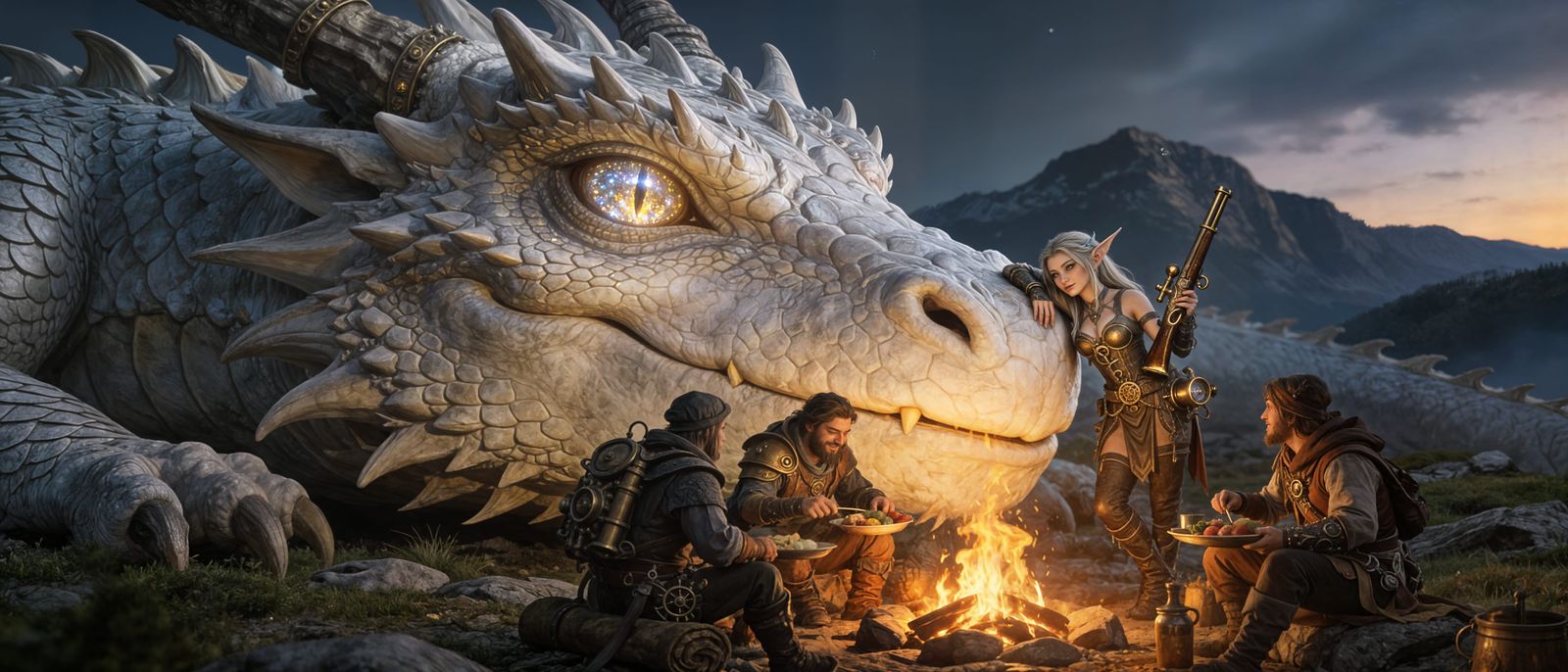 White Dragon Rests by Bonfire with Adventurers in Steampunk ...