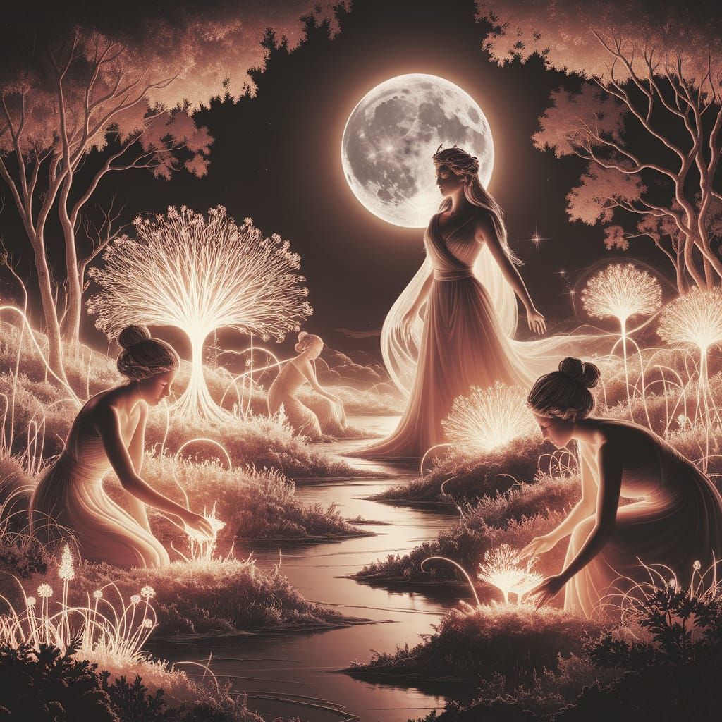 Benevolent Moon Goddess Tends Lunar Garden in Ethereal, Cosm...