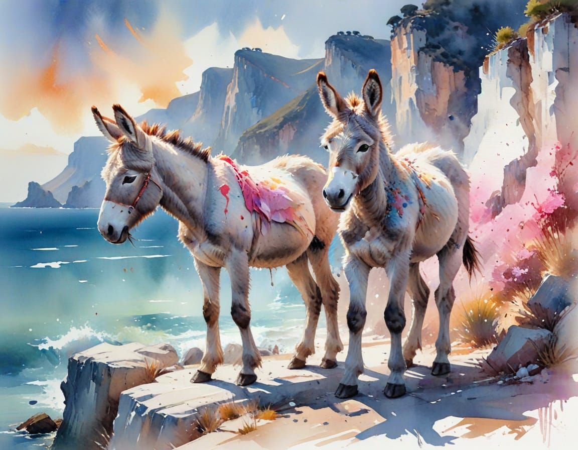 Donkeys Resting in Santorini, Neo-Impressionist Style