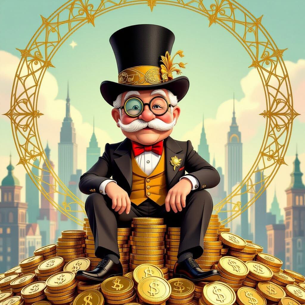 Whimsical Tycoon on Coins in Art Nouveau Cityscape