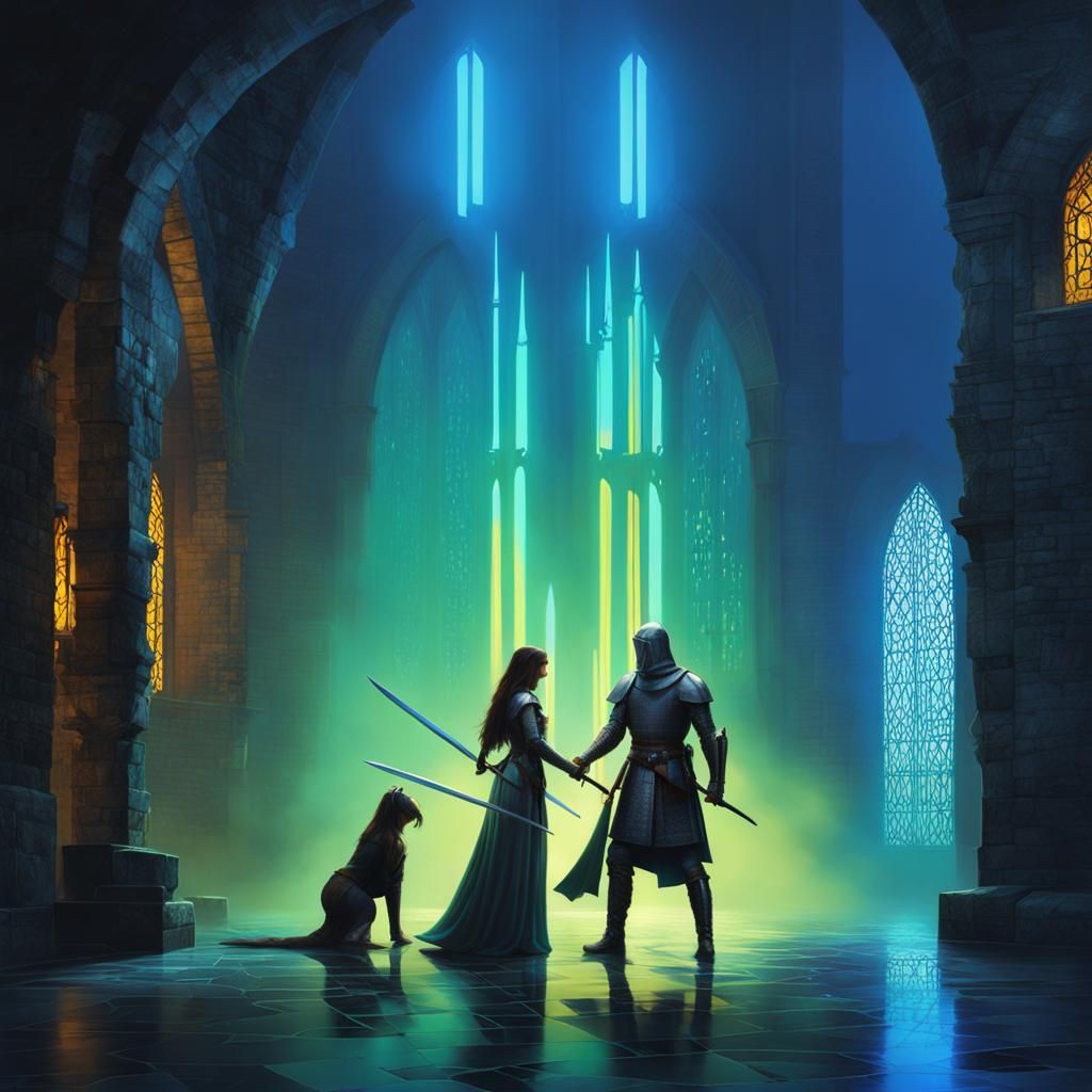 Cyberpunk Ninja Fight with Lightsabers in Fluorescent Art