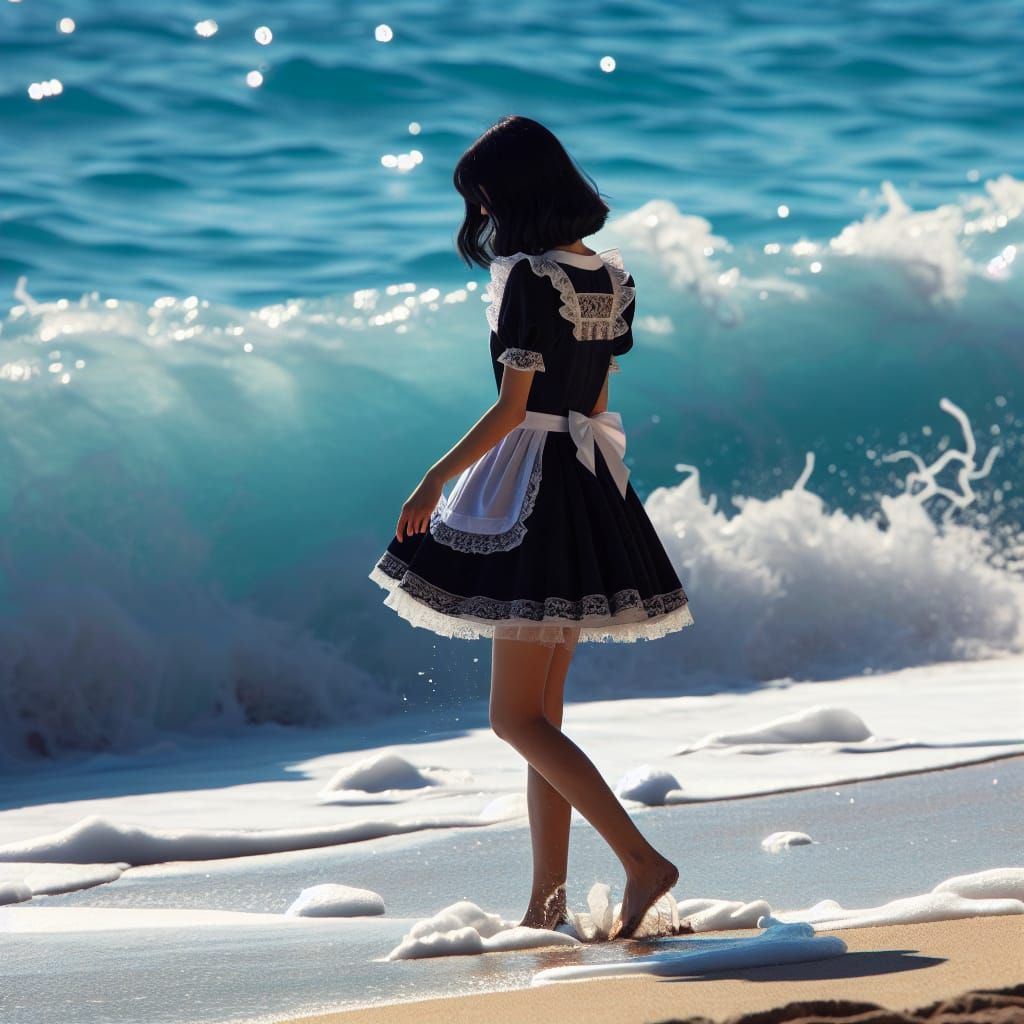 Hispanic Maid Wades Barefoot on Sunny Beach