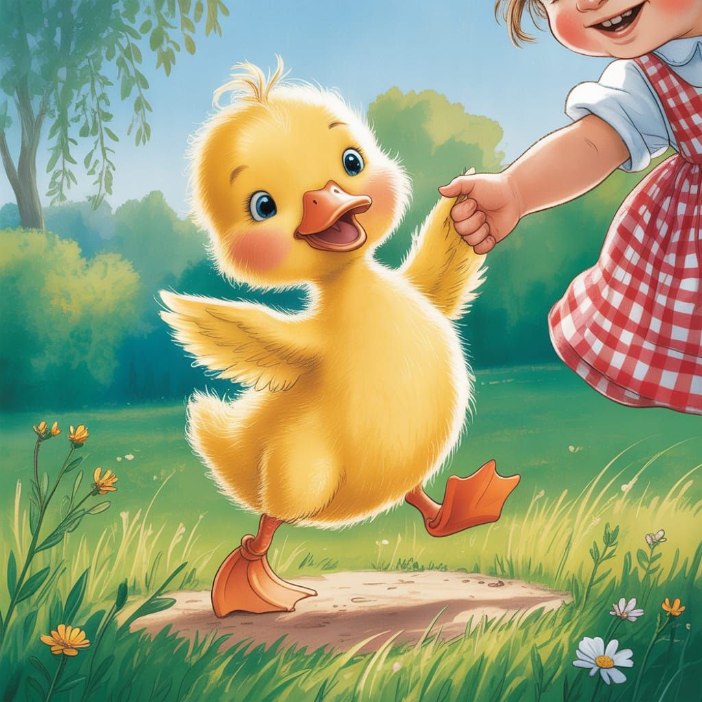 Whimsical Duckling Dances With Child in Meadow