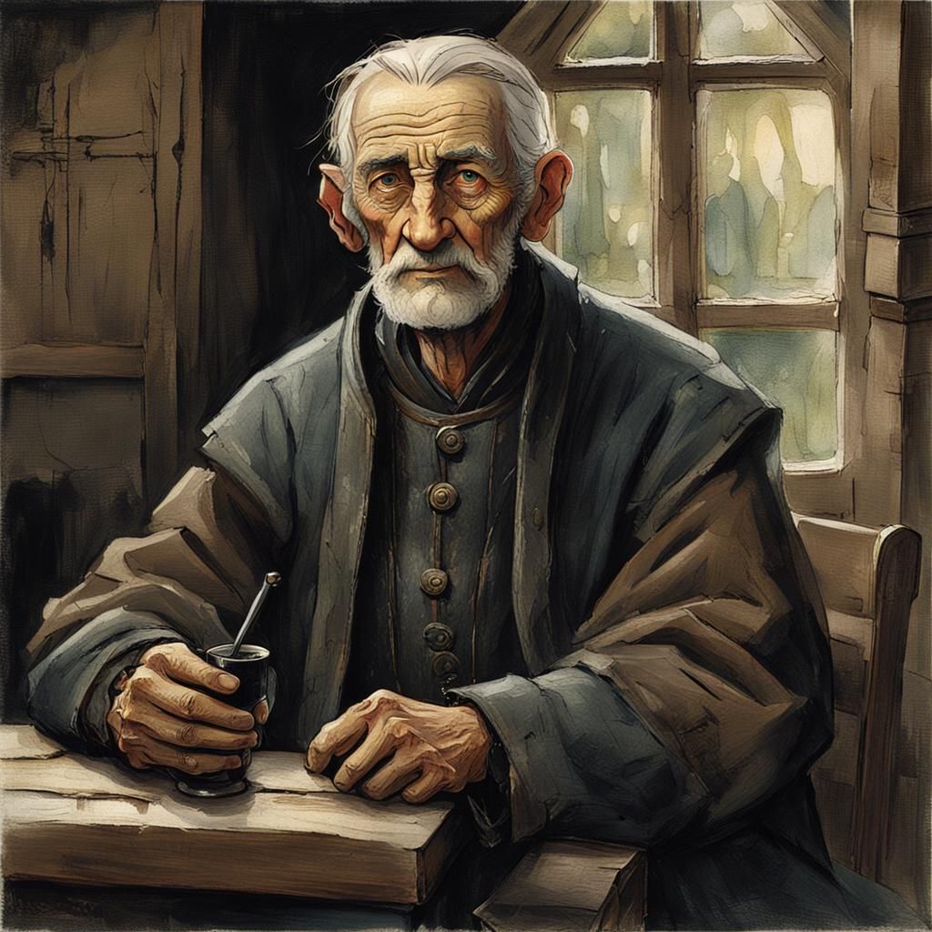 Elderly Innkeeper in Grandiose Setting