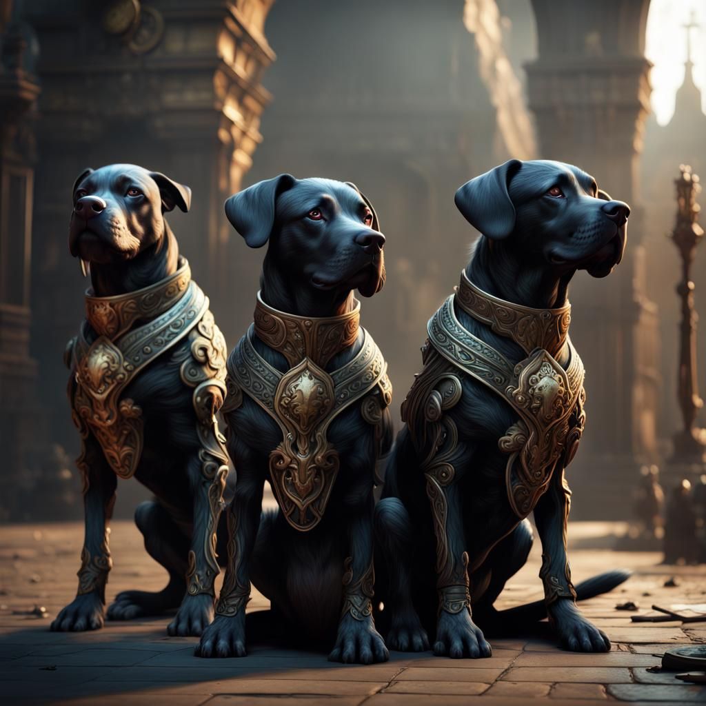 Three-Headed Black Dog in Detailed Matte Painting