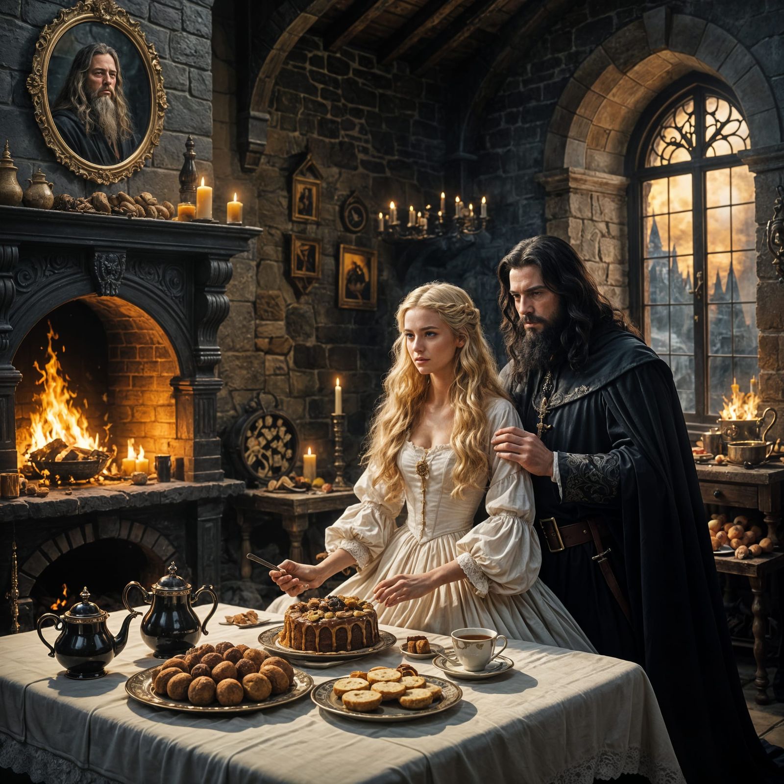 Wizard Wakes Blonde Woman in Dark Fantasy Castle