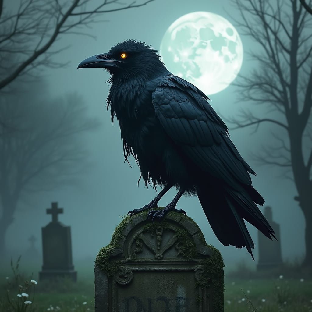 Spectral Raven in Gothic Graveyard Under Moonlight