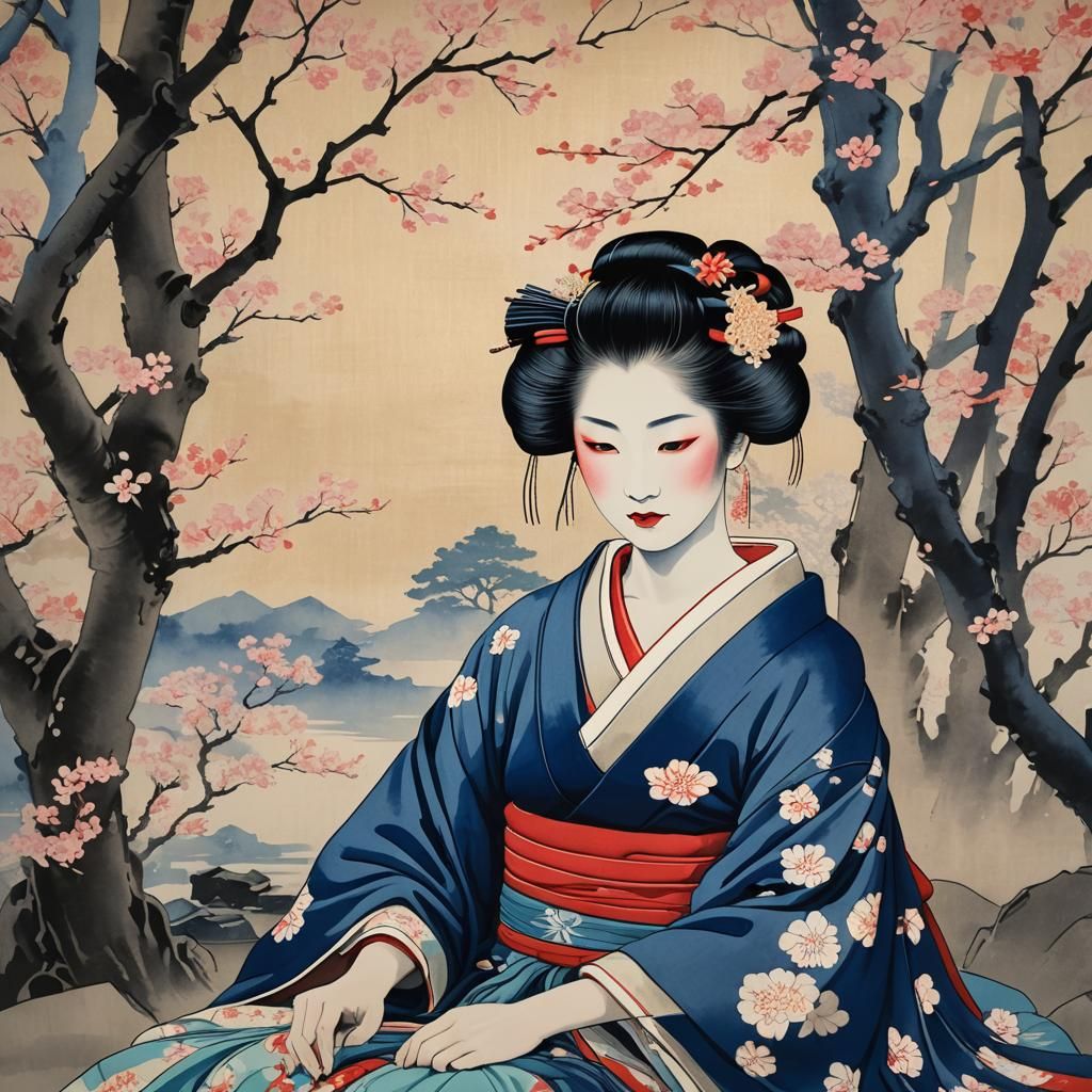 Geisha Portrait in Ukiyo-e Style with Cherry Blossoms