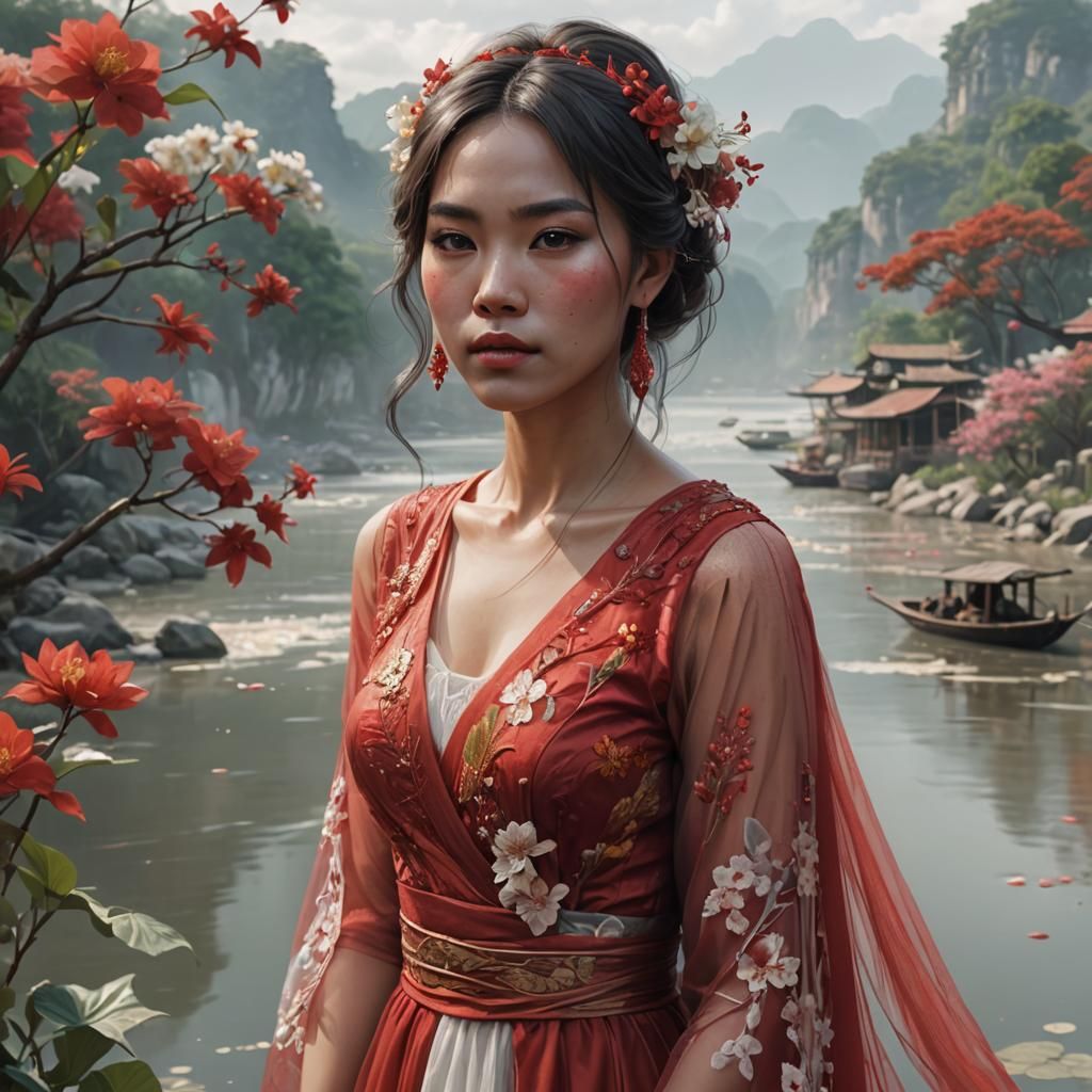 Vietnamese Woman in Red Dress, Hyperdetailed Portrait