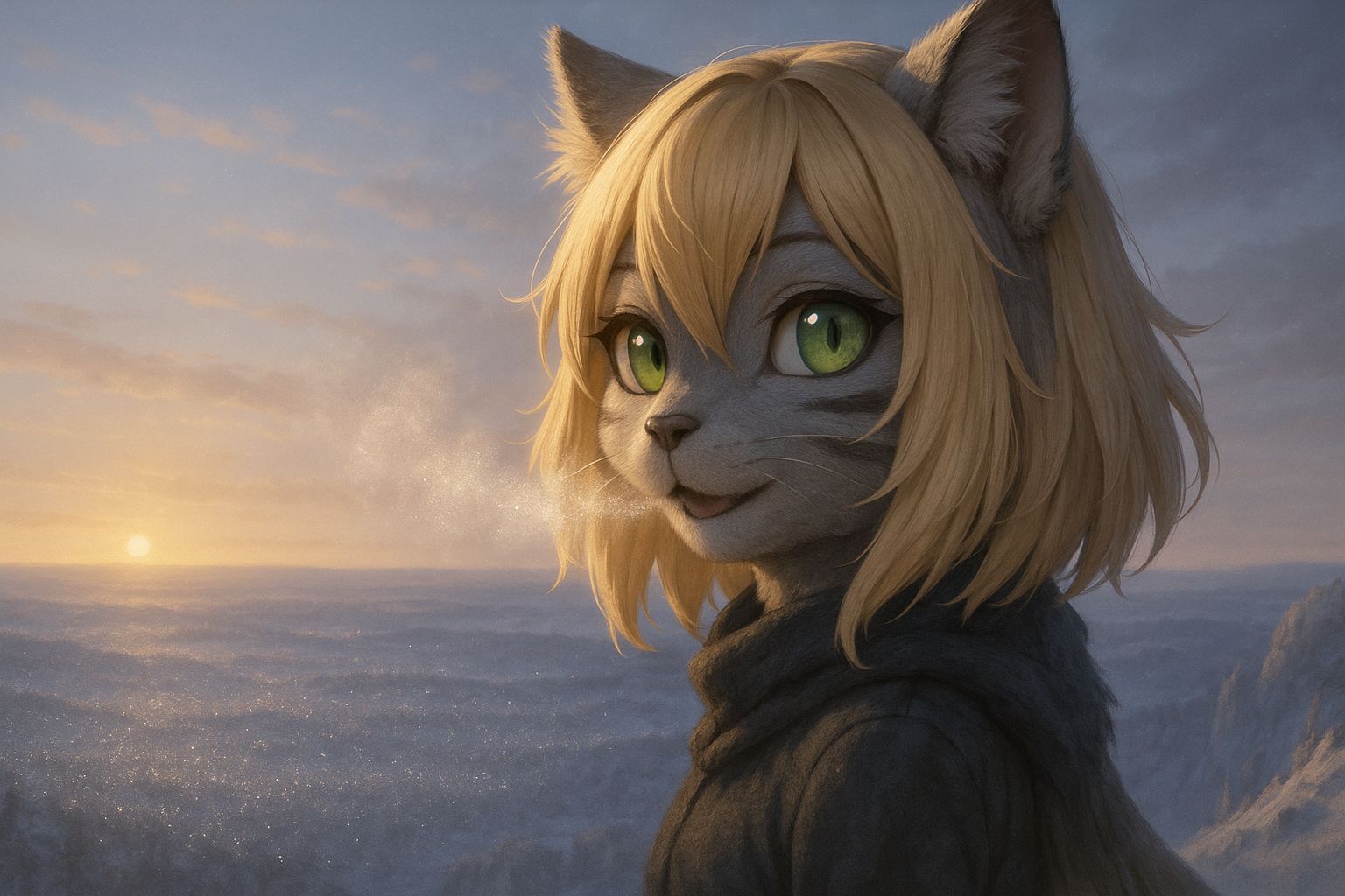 Anthropomorphic Cat on Fantasy Overlook at Dawn
