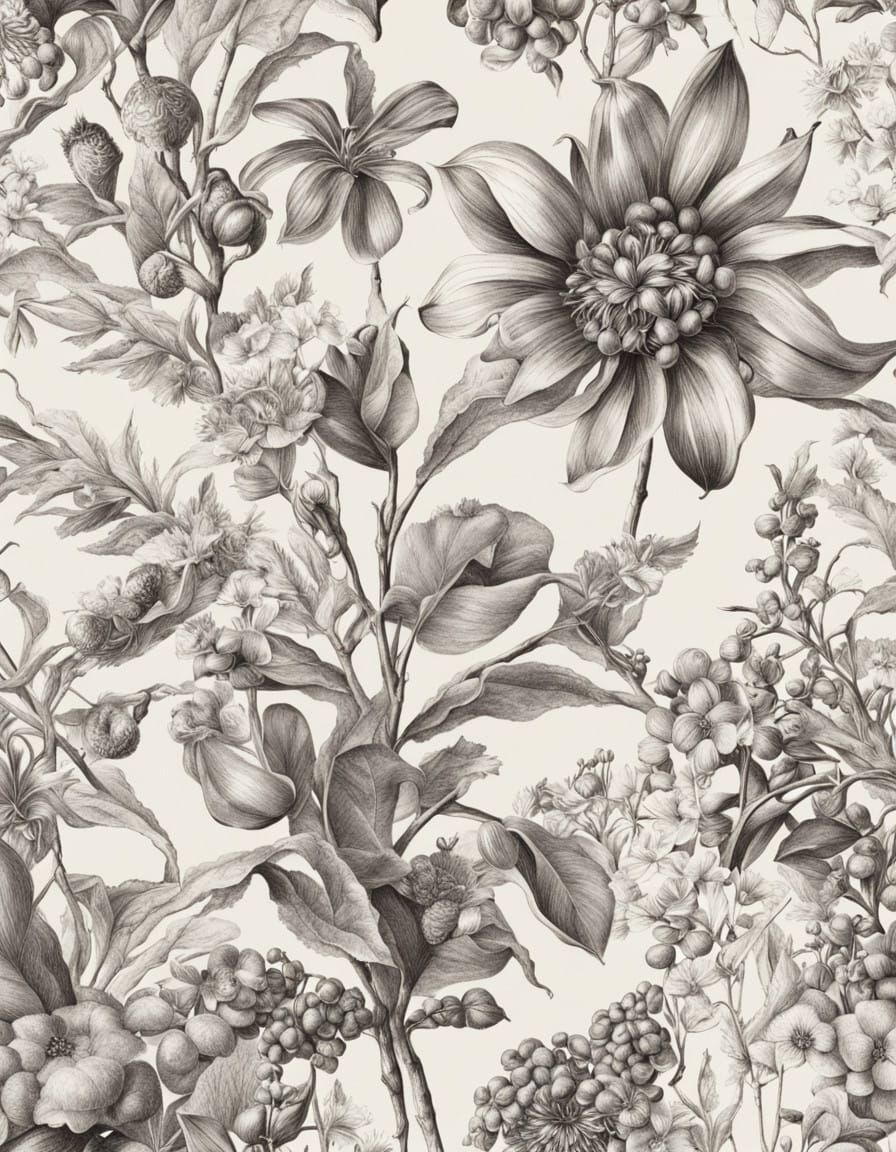 Delicate Botanical Illustration in Ink and Pencil