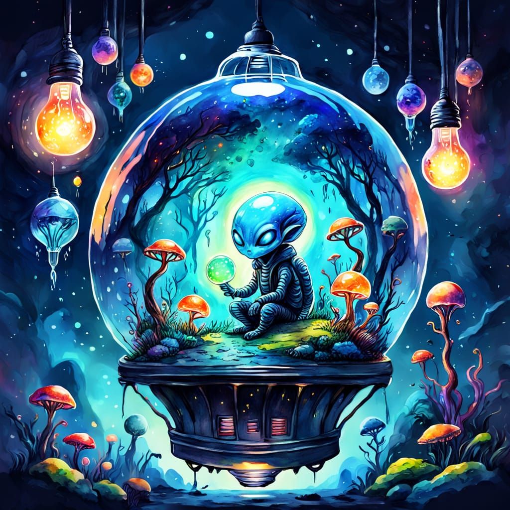 Alien World Inside a Light Bulb as Watercolor Sketch