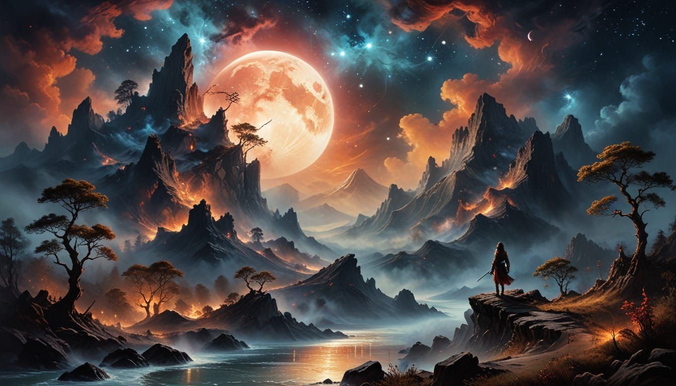 Dreamlike Mountain Landscape in Vibrant, Swirling Colors