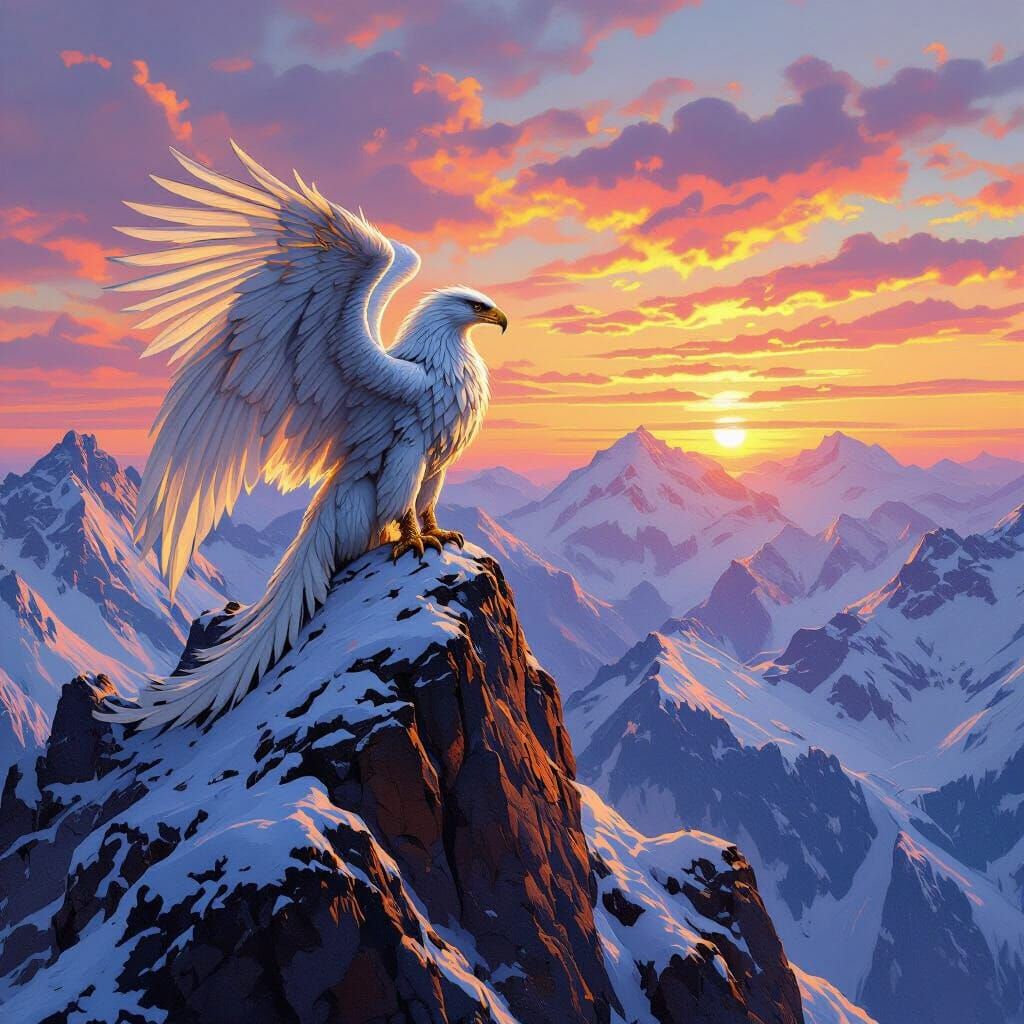 Griffin on Snow Mountain at Sunrise in Oil Painting Style