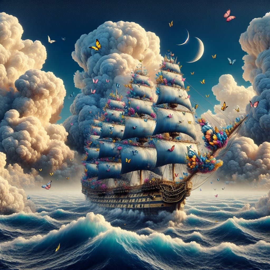 Surreal Galleon with Butterfly Sails in Dreamlike Style