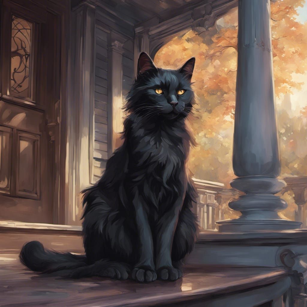 Black Cat on Haunted Victorian Mansion Porch