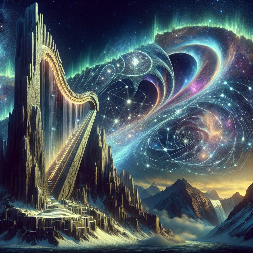 Colossal Mountain Harp Under Starry Sky Releasing Starlight ...