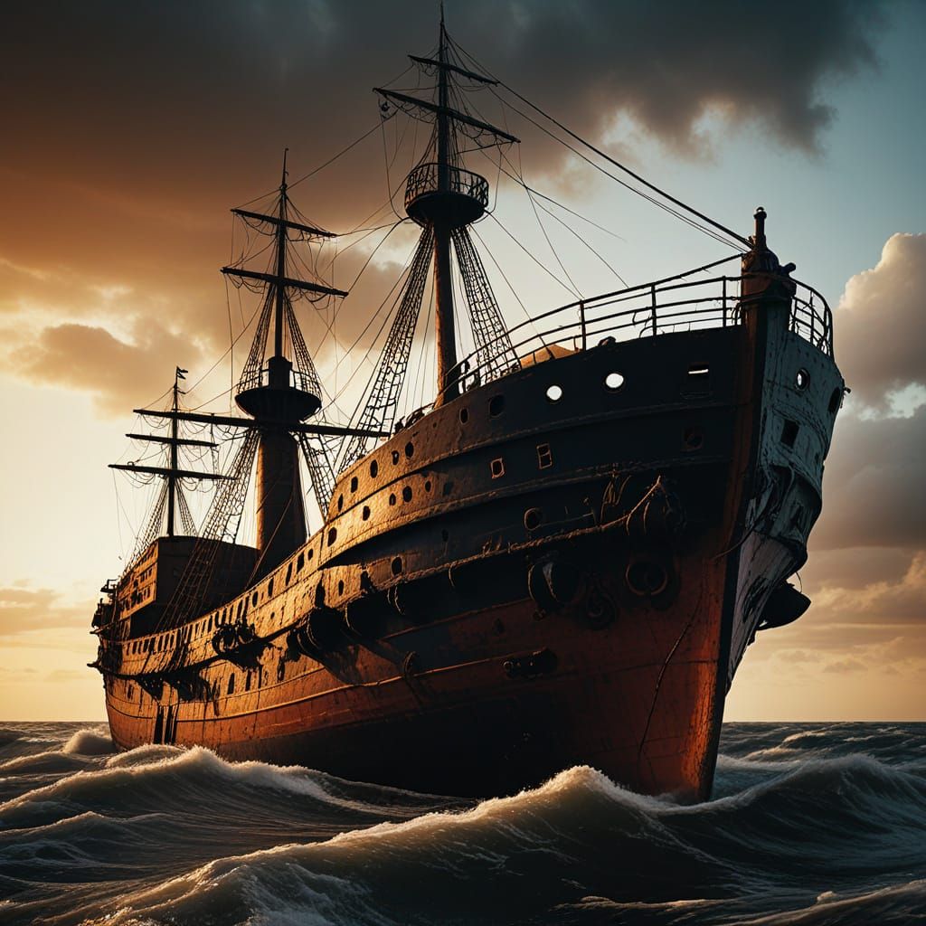Epic Dark Ship at Sunset