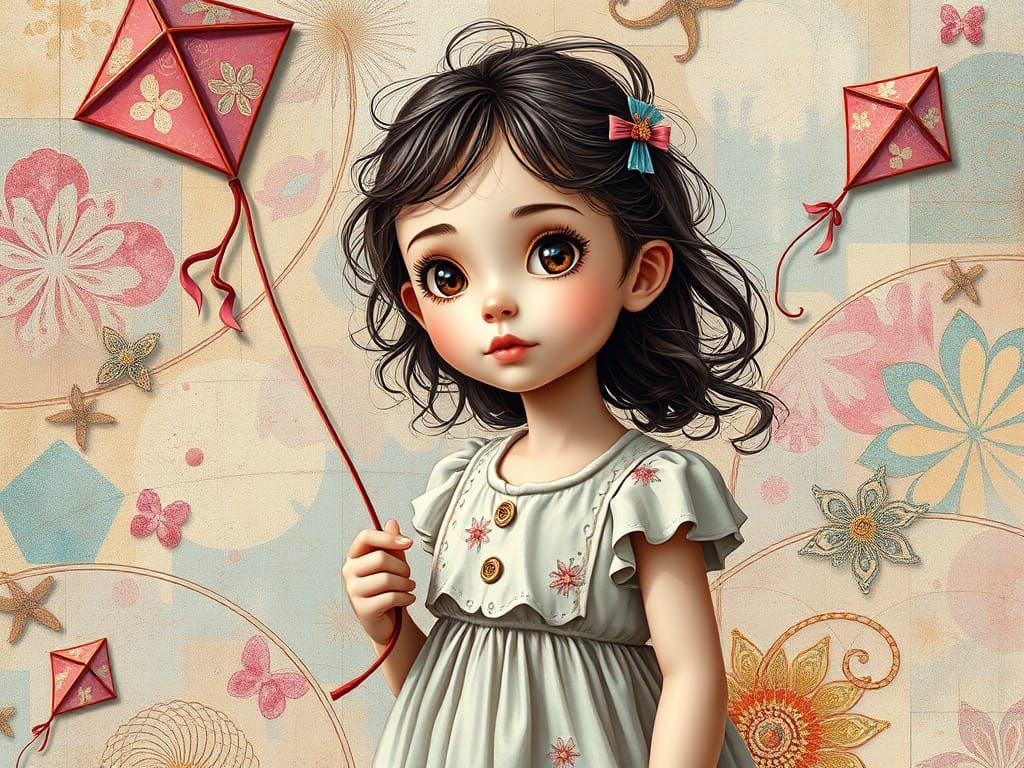 Girl with Kite in Surreal Fresco Style