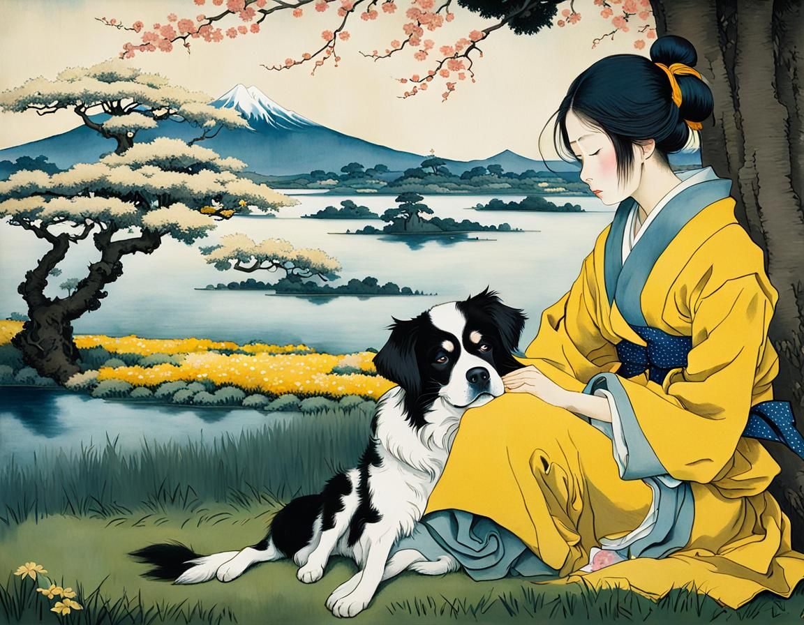 Girl with Service Dog, Ukiyo-e Style