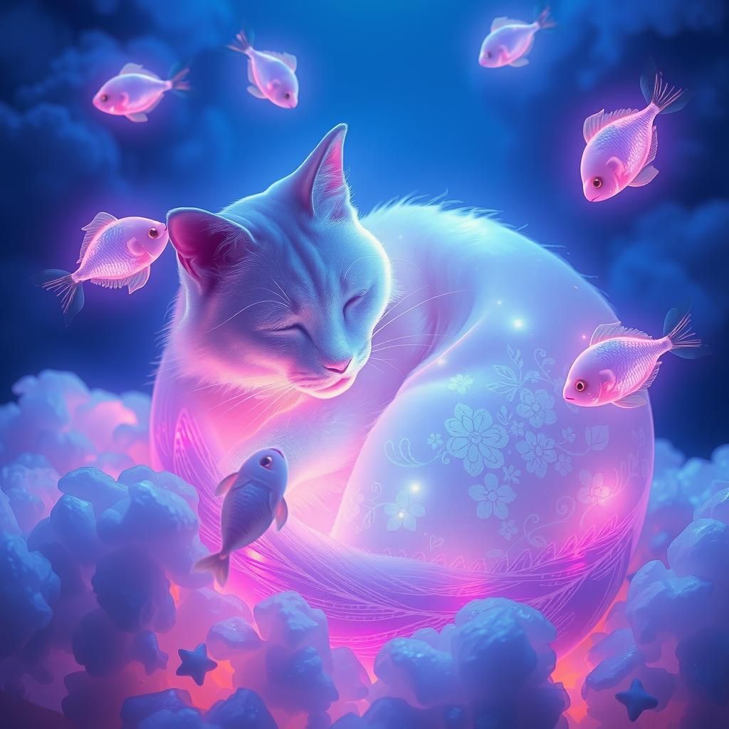 Glowing Cat in Mystical Underwater Dreamscape