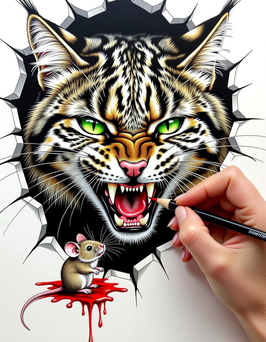 Furious Wild Cat Leaps From Canvas in Ink Drawing