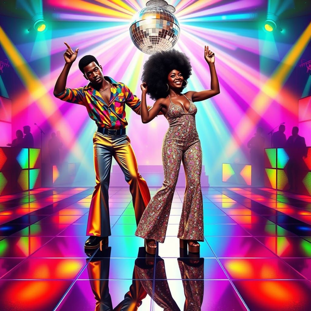 Disco Dancers in Vibrant 1970s Stage Setting