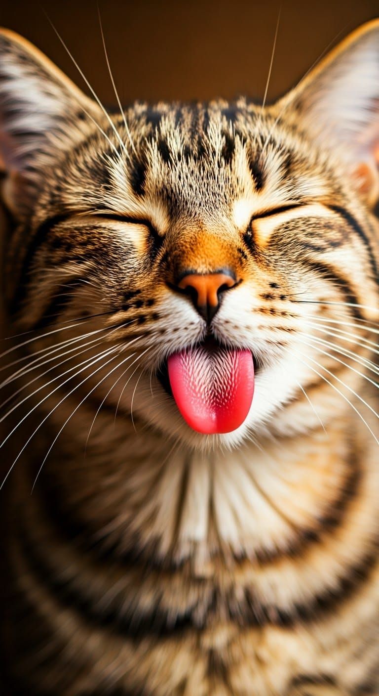 Whimsical Cat Licks Camera in Warm Golden Light