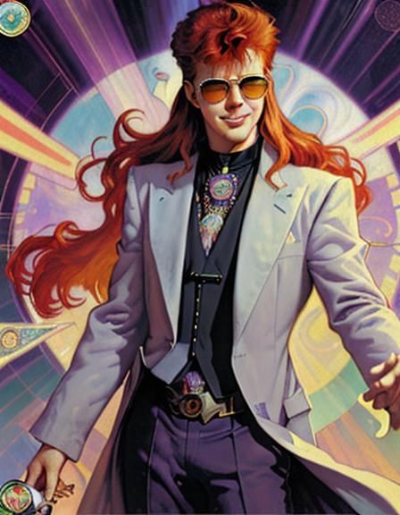 Rick Astley Tarot Card in Psychedelic Retrowave Style