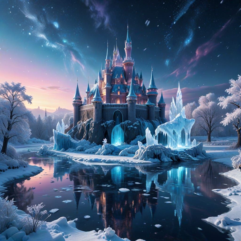 Sprawling Ice Castle with Crystal Towers in Cosmic Surrealis...