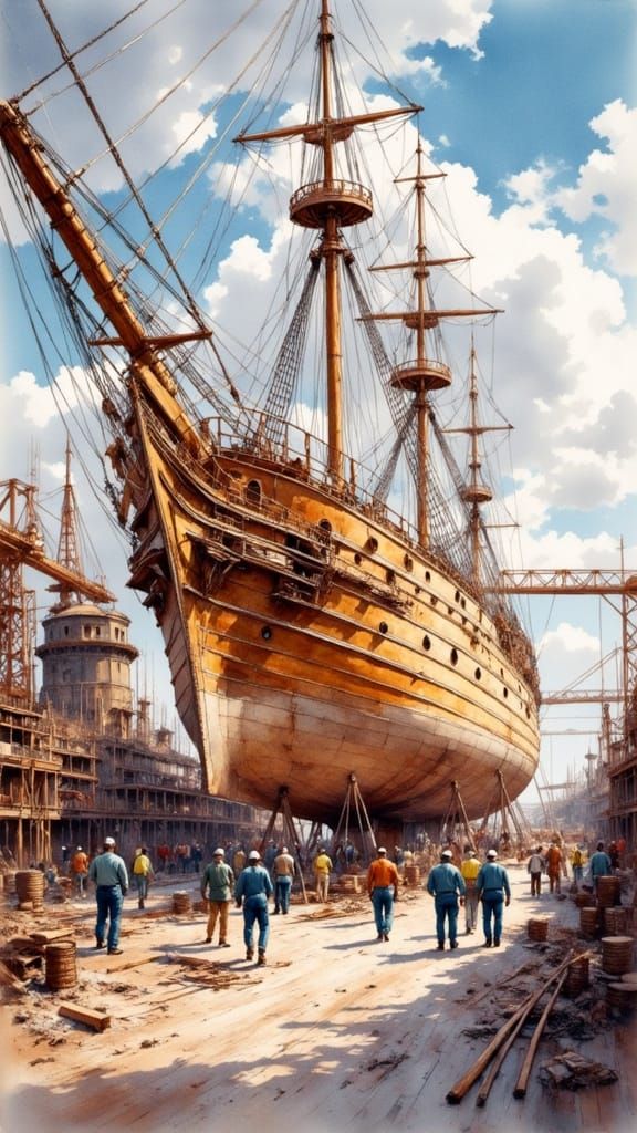 Building a Sailing Ship: Watercolor Maritime Scene