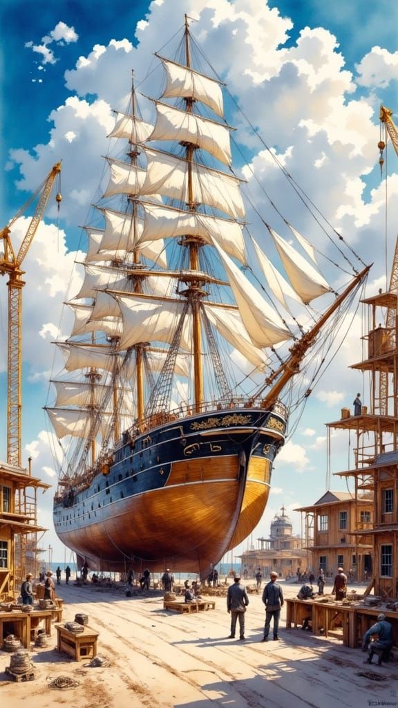 Building a Sailing Ship: Watercolor Maritime Scene