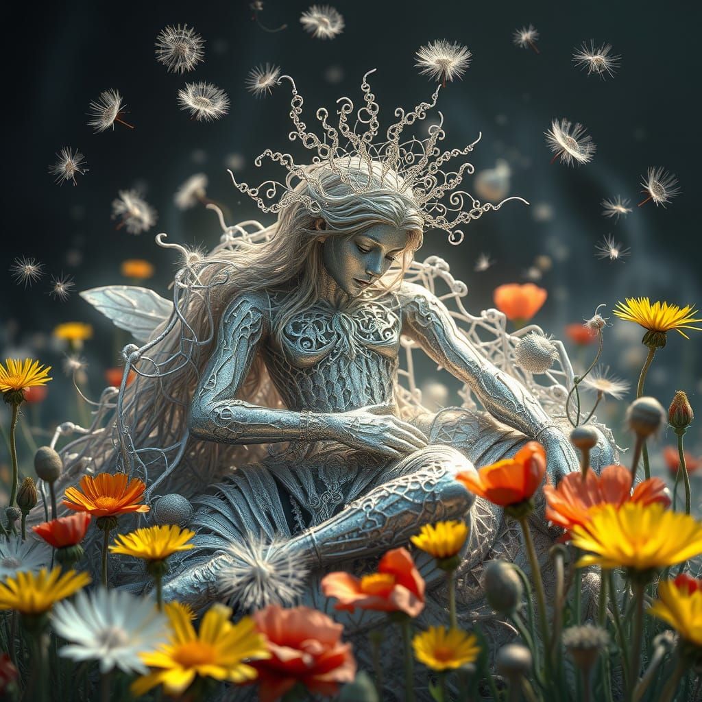Ethereal Silver Prince Resting Among Dandelions