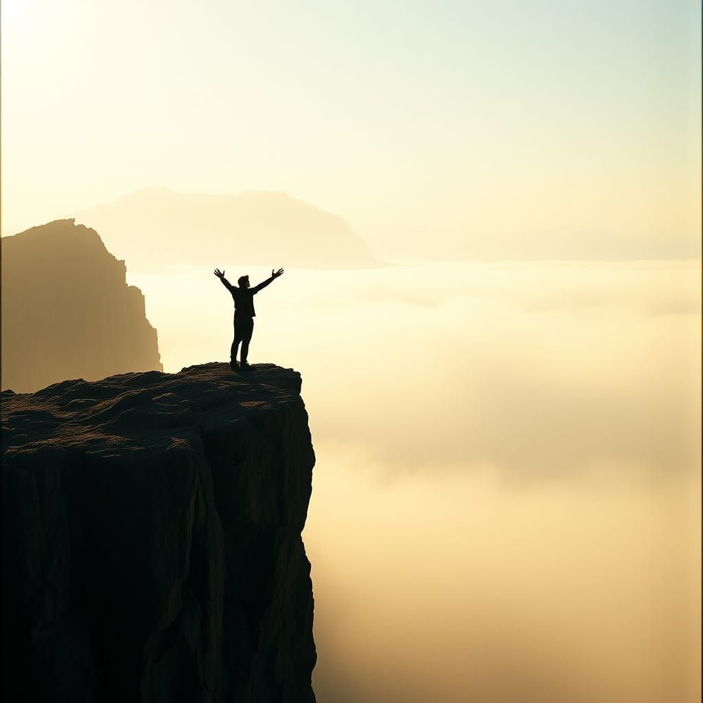 Poised Figure on Windswept Cliff