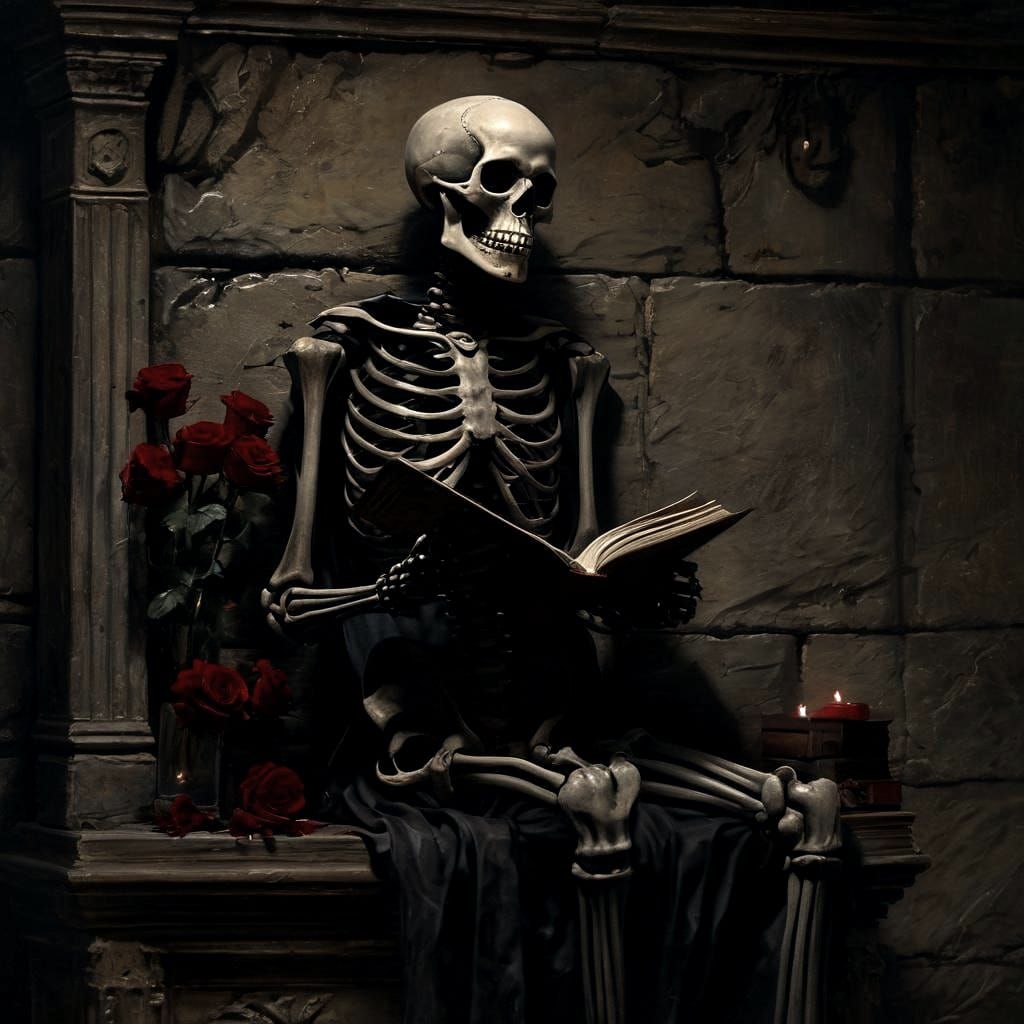 Gothic Skeleton Reading Book in Dark Library