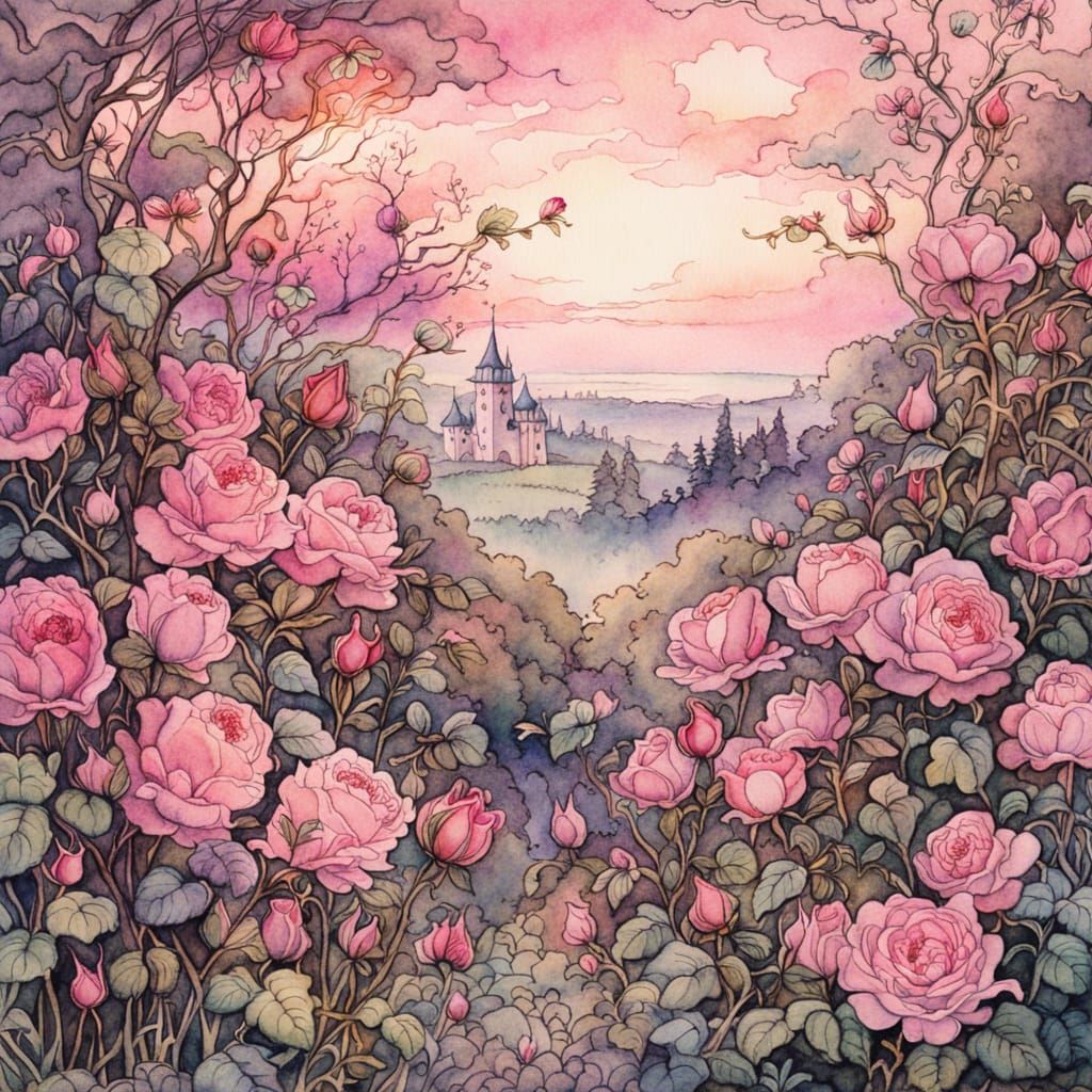 Fairytale Castle Seen Through Roses: Watercolor Illustration
