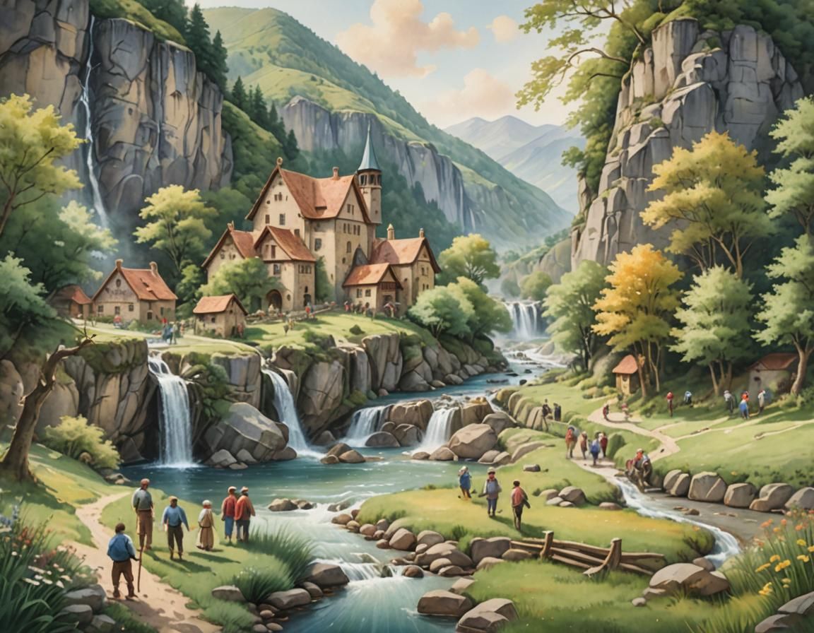 Medieval Village Life in Watercolor Art Style