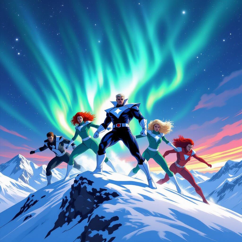 Alpha Flight Soars Over Snowy Peaks Amidst Aurora Borealis