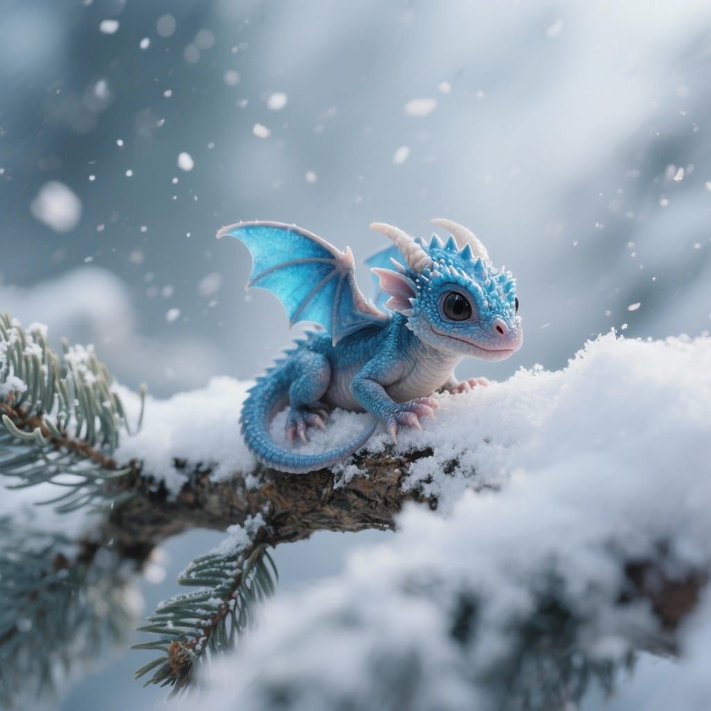 Tiny Neon Dragon in Winter Wonderland Close-Up