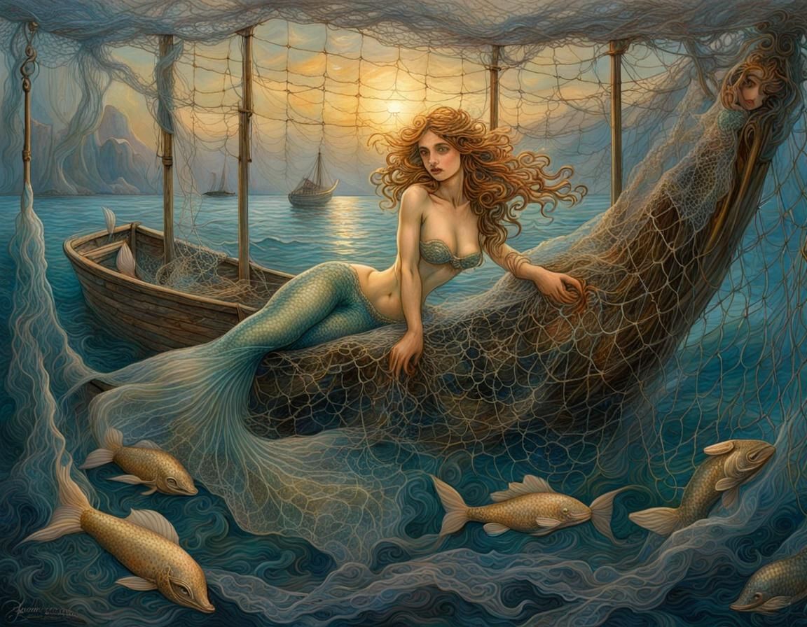Mermaid in Net at Dawn: Fantasy Art
