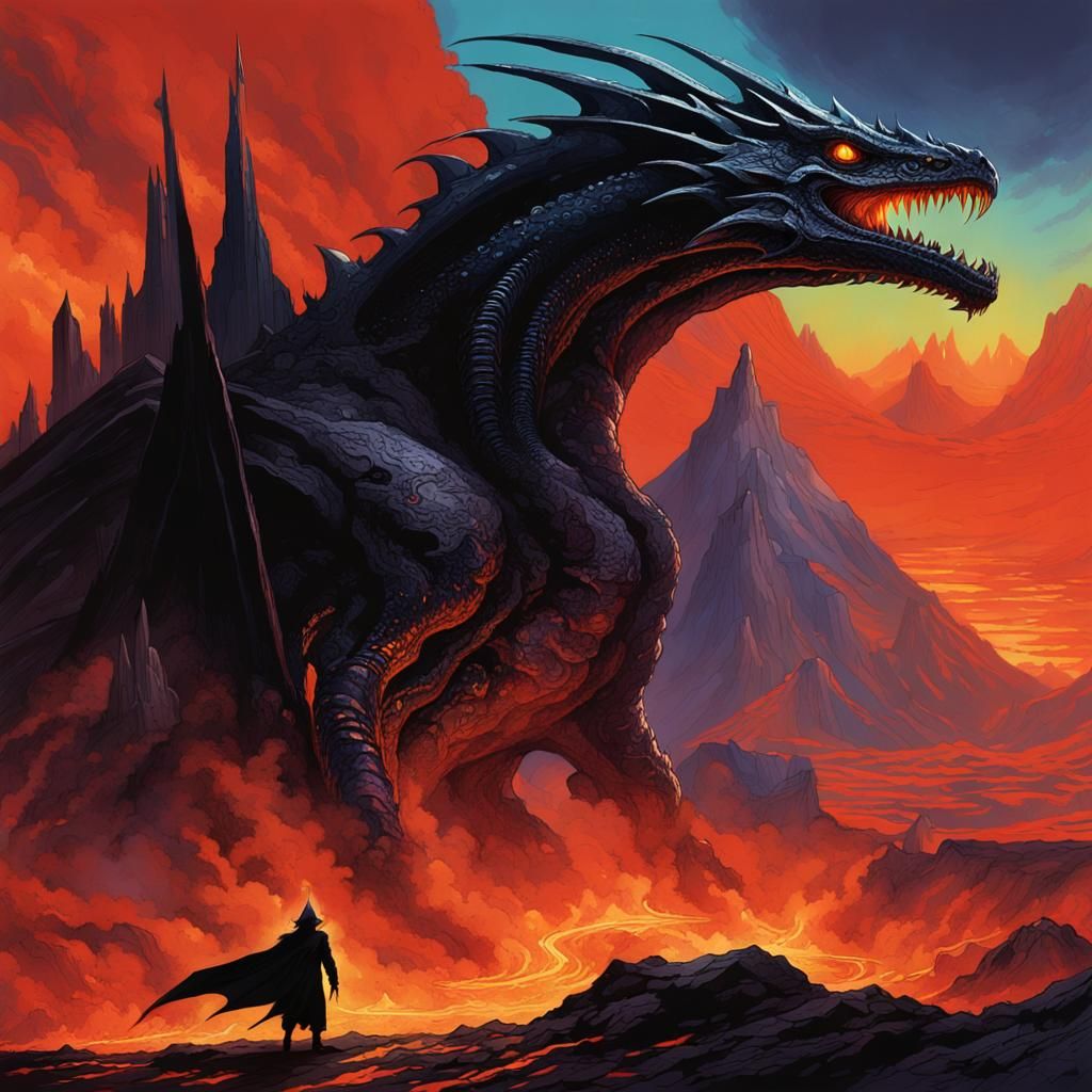 Wyvern Guards Volcano Treasure: Giger, Mead, Frazetta Style