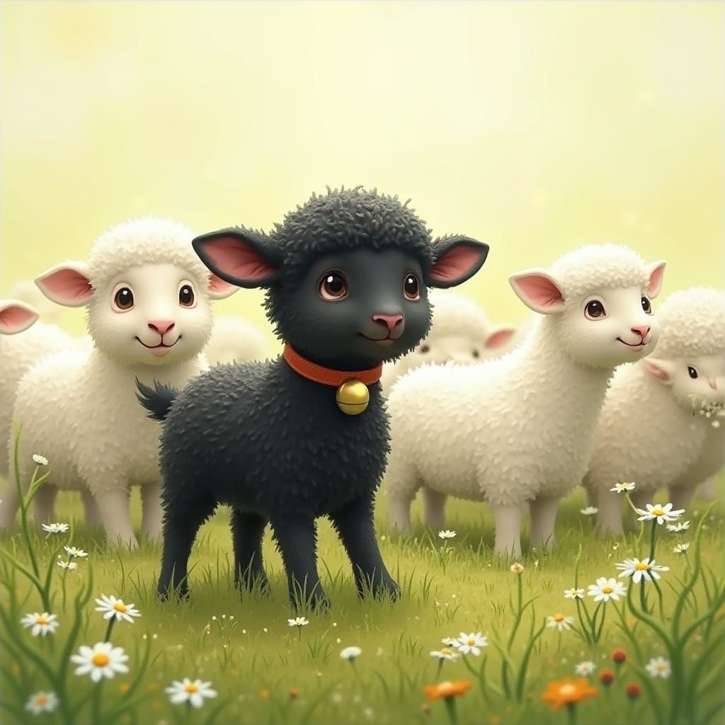 Nervous black Lamb in a Herd of white sheeps.
