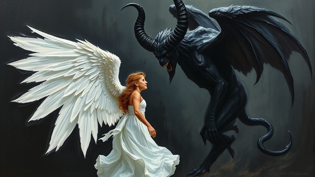 Youthful Angel Confronts Dark Demon in Oil Painting
