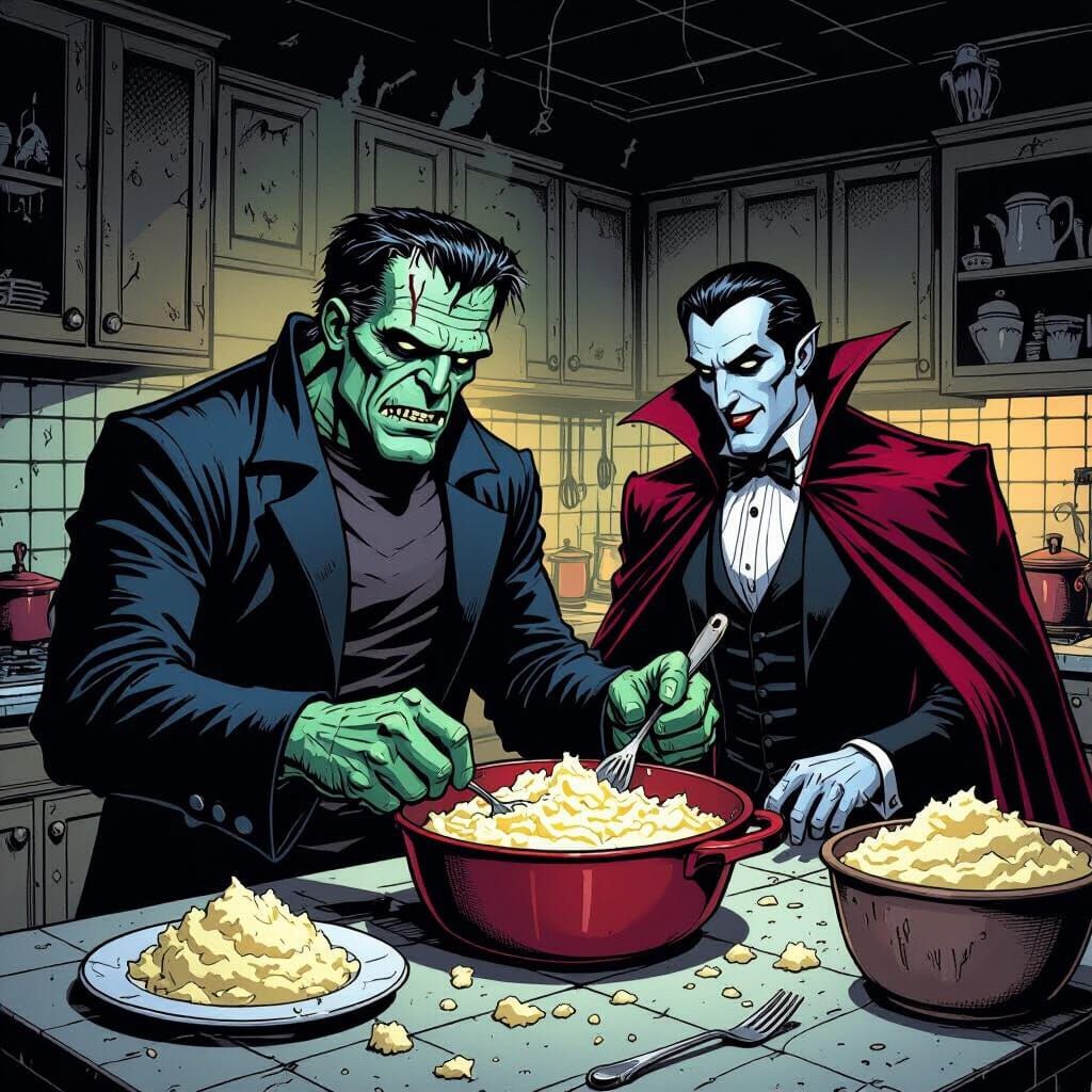 Frankenstein's Monster Makes Mashed Potatoes with Dracula
