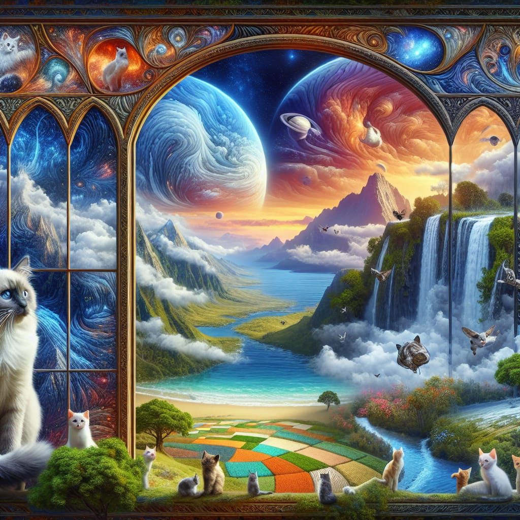 Surreal Feline Paradise through Majestic Glass Window