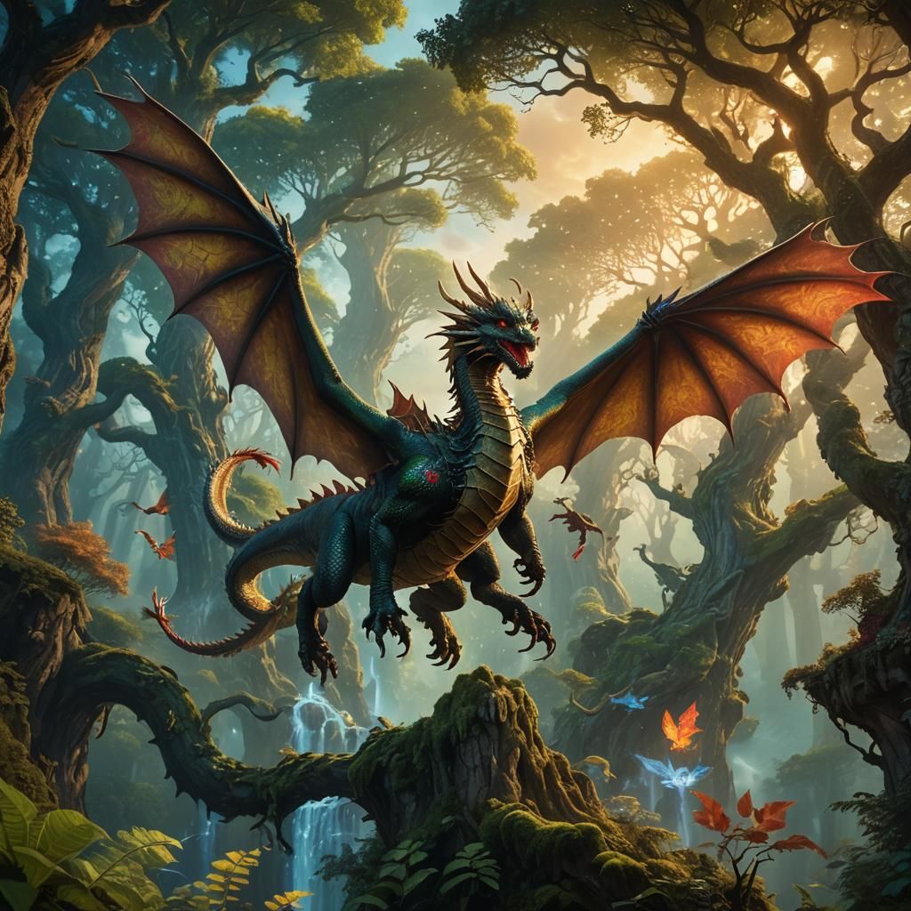Dragon Soaring Through Mystical Forest Realm