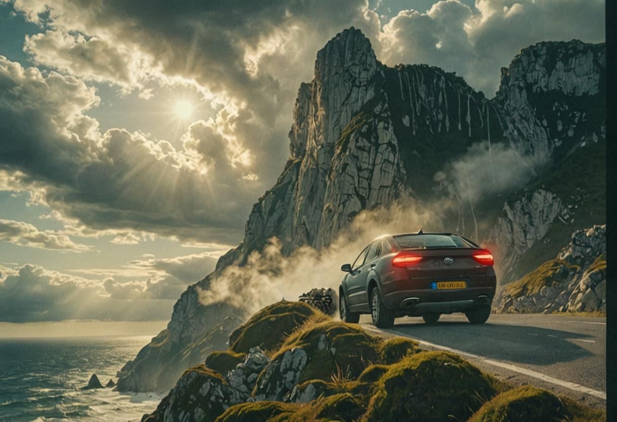 Car on Cliffside with Stormy Sky and Sun Rays