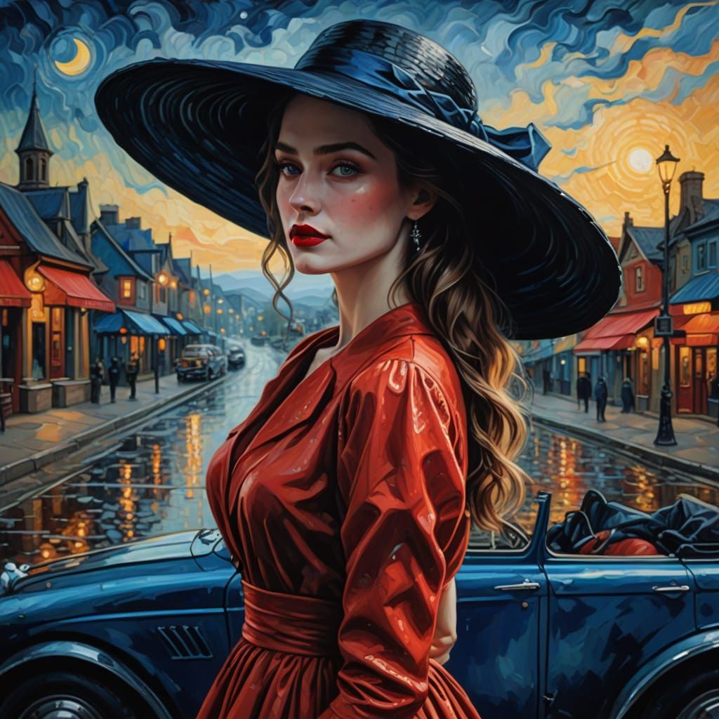 Woman in a Dramatic Landscape with a Classic Car